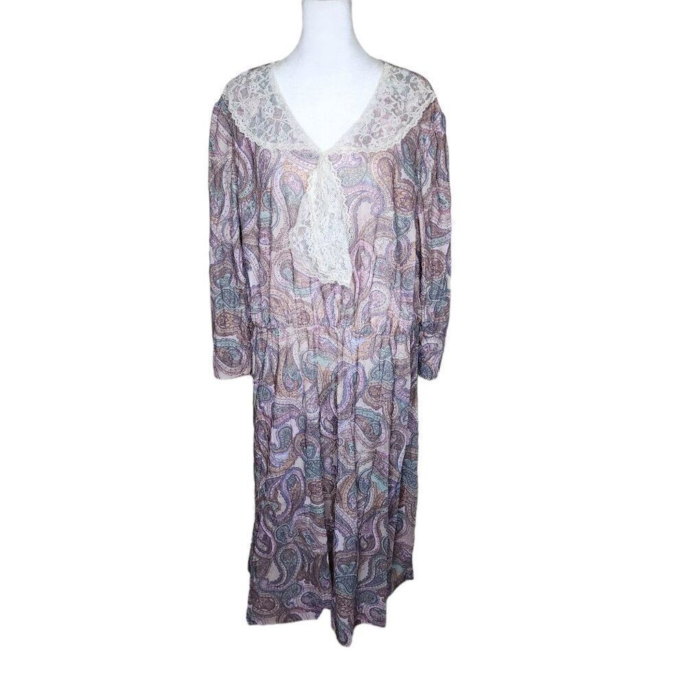 Vintage 80s Long Sleeve Blouson Dress Lace Collar Womens Size 2XL Purple Paisley
